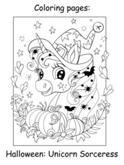 Coloring book page cute portrait of unicorn Halloween