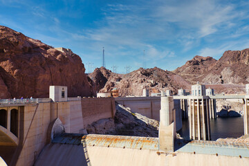 View of the Hoover Dam with intake towers, Nevada, USA