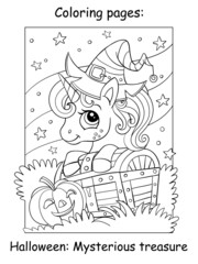 Coloring book page cute unicorn and treasure chest
