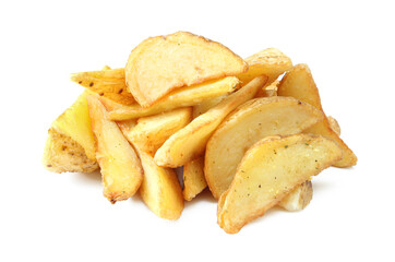 Pile of prepared potatoe wedges isolated on white background