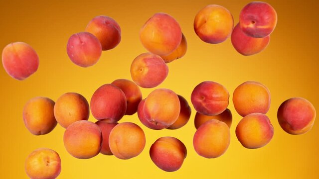 Super slow motion of fresh apricots flying in the air. Filmed on high speed cinema camera, 1000 fps.