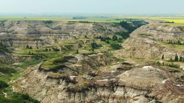 Aerial Drone Shot of Horseshoe Canyon Badlands in Drumheller, Alberta Canada Jurassic Looking Dinosaur Country

