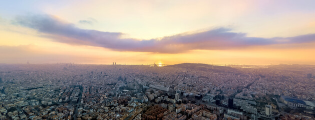 Aerial view of Barcelona at sunset, Spain.