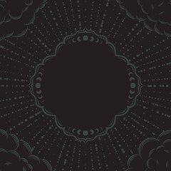 Dark boho background with copy space. Mystical backdrop with clouds and stars. Magical banner in black color with a retro frame including moon phases with place for text