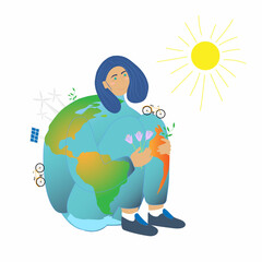 Happy earth smiling and looking at the sun on the white background