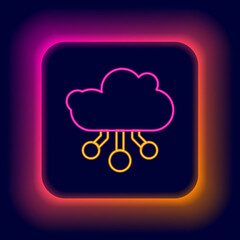 Glowing neon line Internet of things icon isolated on black background. Cloud computing design concept. Digital network connection. Colorful outline concept. Vector