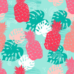 Tropical summer print or seamless pattern with  pineapples, vector illustration. Summer  pineapples fruits in decorative endless repeatable exotic print design for textile.