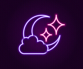 Glowing neon line Cloud with moon icon isolated on black background. Cloudy night sign. Sleep dreams symbol. Night or bed time sign. Colorful outline concept. Vector