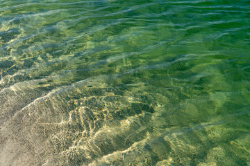 abstract close up view of ripples in clear and shallow light blue water with limestone sand underneath