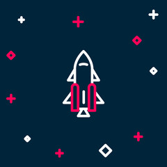 Line Rocket ship with fire icon isolated on blue background. Space travel. Colorful outline concept. Vector
