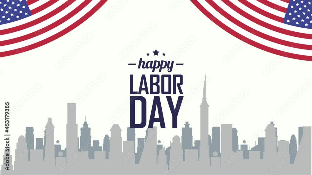 Canvas Prints usa labor day lettering with cityscape and flags