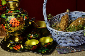 Traditional Russian Tea Ceremony with Ornate Khokhloma Samovar made as Water Source, Russian Samovar
