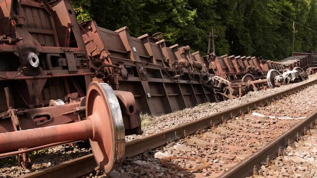 Train derailment. Derailed train electric multiple unit, wreckage of crashed