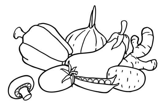 Coloring book with vegetables images. Vector illustration.