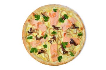 fresh italian classic original pizza top view isolated on white background
