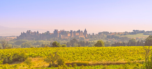 Panorama de la cité de Carcassonne et des remparts de la forteresse. France.