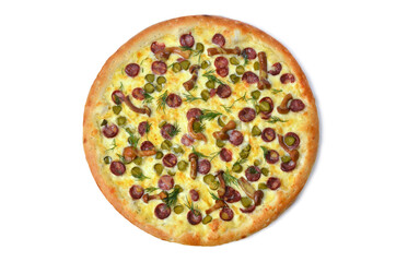 pizza with mushrooms olives and cheese. served on wooden table with ingredients.top view