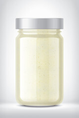 Glass Jar with Sauce on Background. 