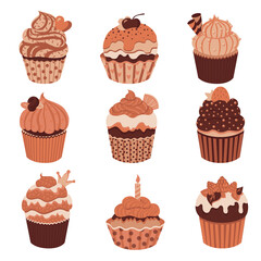 Set of cute little chocolate cupcakes with cream and berries. Delicious dessert with different decor. Brown pastel sprinkles muffins collection. Vector illustration on white background.