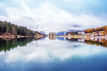 Dramatic magical beautiful autumn landscape with Lake Misurina in the Dolomites. National park Tre Cime di Lavaredo. Exotic amazing places. (meditation, relaxation, harmony - concept)