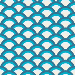 Art Deco seamless pattern in blue tones for modern fabrics, trendy textiles, decorative pillows. Many multi-colored circles are stacked like scales. 