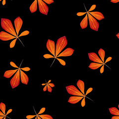 Seamless pattern with chestnut  leaves in Orange, Brown and Yellow isolated on black . Perfect for wallpaper, gift paper, pattern fills, autumn greeting cards