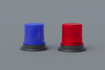 Set of flashers of red and blue colors on gray background. 3d render