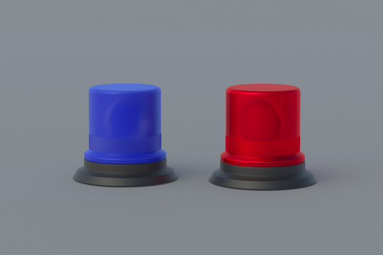 Set of flashers of red and blue colors on gray background. 3d render