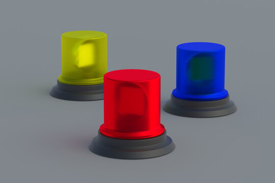 Set of flashers of red, blue and yellow colors on gray background. 3d render