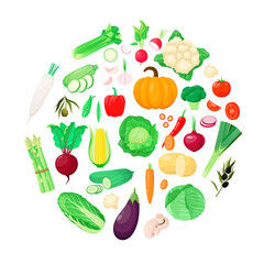 A set of vegetables in a cartoon style on a white background.