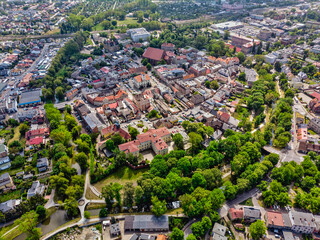Sunny day in Koscian, city in wielkopolskie voivodenship aerial view - obrazy, fototapety, plakaty