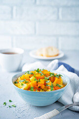 Pumpkin potato carrot stew in the bowl