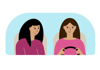 Vector illustration of two women in the car behind the windshield.