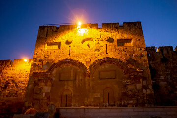Jerusalem, Israel: Golden Gate (Eastern Gate) is sealed shut. in Hebrew, Shaar Harachamimi-Gate of...