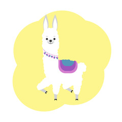 Illustration of a cute llama in colored ornaments. Holiday postcard