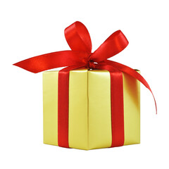 Golden gift wrapped present with red satin ribbon bow isolated on white