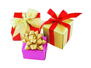 Three various gift wrapped presents isolated on white