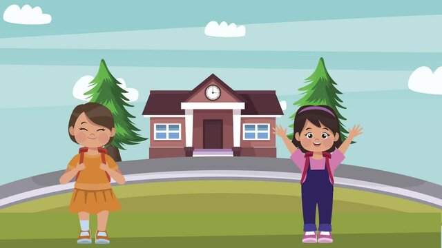 schoolgirls students couple and school characters animation