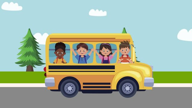 preschool students in schoolbus characters animation