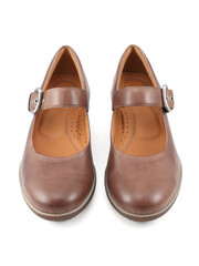 Casual brown leather lady shoes on white