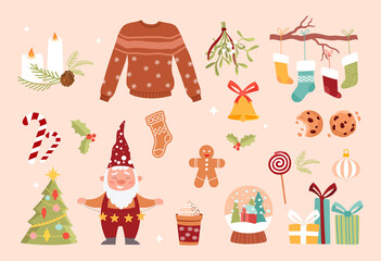 Christmas time concept. Set of icons with Santa, warm clothes, gifts, gingerbread and lollipops. Stickers for greeting cards and posters. Cartoon flat vector collection isolated on pink background