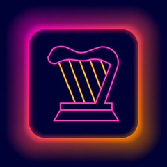 Glowing neon line Harp icon isolated on black background. Classical music instrument, orhestra string acoustic element. Colorful outline concept. Vector