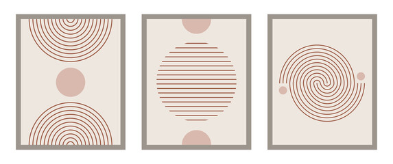 Set of abstract posters. Contemporary illustrations with geometric shapes, lines and frames. Design elements for wall decoration, cover and print. Modern vector collection isolated on white background