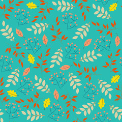 Vector seamless autumn pattern with rowan, leaves, branches isolated on turquoise background. Ideal for package, packing, wrapping paper, textile, fabric, cover, wallpaper.