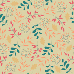 Seamless pattern with oak leaves, rowan and branches isolated on beige background. Suitable for textile, fabric, wallpaper, cover, wrapping paper. Vector illustration. Autumn colors.