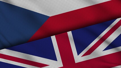 Czech Republic and United Kingdom Flags Together, Wavy Fabric, Breaking News, Political Diplomacy Crisis Concept, 3D Illustration