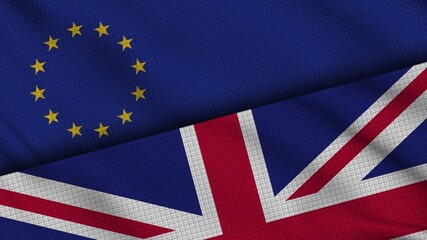 European Union and United Kingdom Flags Together, Wavy Fabric, Breaking News, Political Diplomacy Crisis Concept, 3D Illustration
