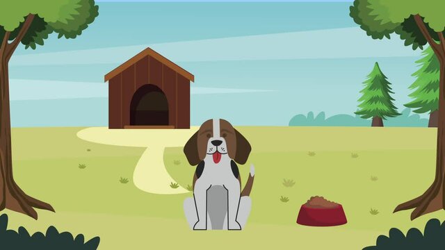 cocker spaniel mascot with wooden house animation