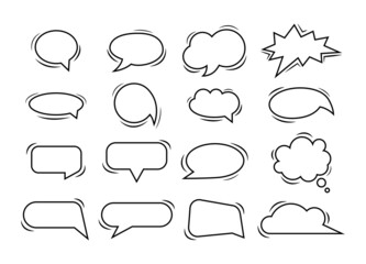 Fototapeta premium Empty speech bubbles in doodle style isolated on white background. Balloon vector outline illustration for meme, poster, tag, banner, hashtag, dialogue
