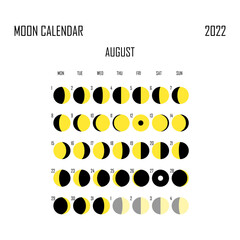 August 2022 Moon calendar. Astrological calendar design. planner. Place for stickers. Month cycle planner mockup. Isolated black and white background © Alla